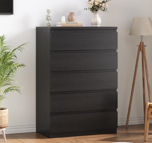 Black Modern 5 Drawer Dresser for Bedroom, 15" D x 23.7" W x 40.4" H in Simply Chest of Drawers, Wood Storage Dresser with Deep Drawers for Living Room Hallway Entryway, Black