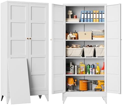 SISESOL Wide & Deep Metal Storage Cabinet with 2 Doors and 5 Shelves,72 inch Tall Pantry Storage Cabinet,Large Cupboard Closet,White Cabinets for Home,Kitchen,Bathroom,Dining/Living Room