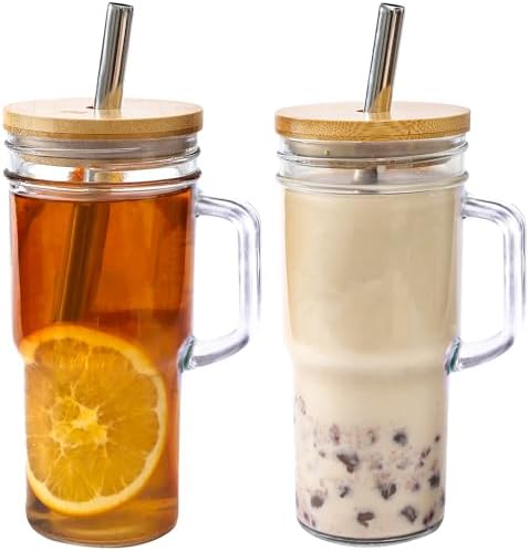 Glass Cups with Lids and Straws - 24oz glass tumbler with bamboo lids and straw Boba Cup