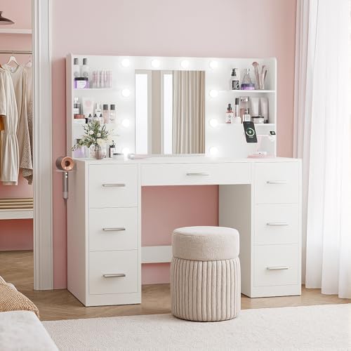 YESHOMY Vanity Desk with Mirror, Power Outlet and 10 Lights, Makeup Table with 7 Drawers, 3 Color Modes Available for Bedroom, Light White