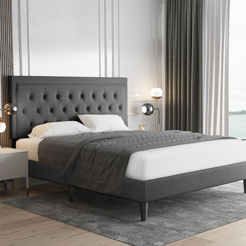 Allewie Queen Size Button Tufted/Fabric Upholstered Bed Frame with Adjustable Headboard/Wood Slat Support/Mattress Foundation/Dark Grey