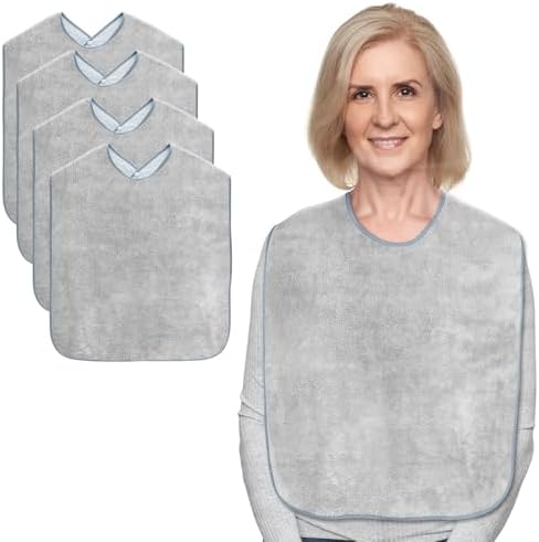 Adult Bibs for Men and Women 4 Packs, Reusable Terry Bibs for Elderly Senior, Waterproof Towel for Adults