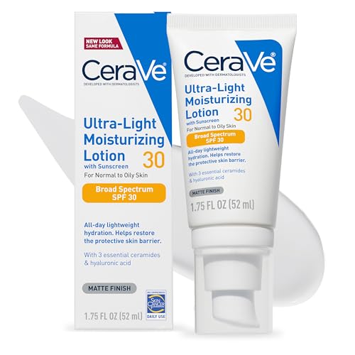 CeraVe Ultra-Light Moisturizing Lotion With SPF 30, Daily Face Moisturizer with SPF, Formulated with Hyaluronic Acid & Ceramides, Broad Spectrum SPF, Oil Free, Matte Finish, 1.7 Ounce