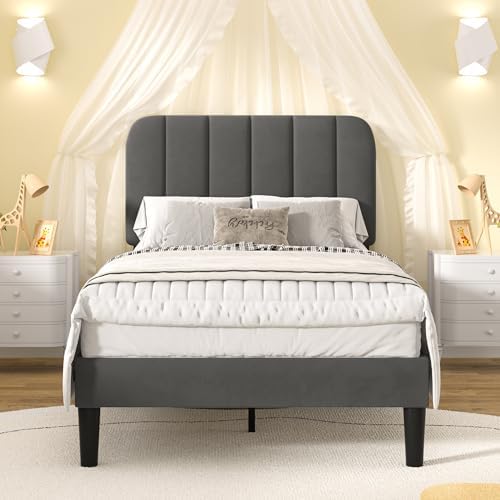 VECELO Twin Size Bed Frame with Upholstered Headboard, Velvet Platform Bedframe Mattress Foundation, Strong Wood Slat Support, No Box Spring Needed,Grey