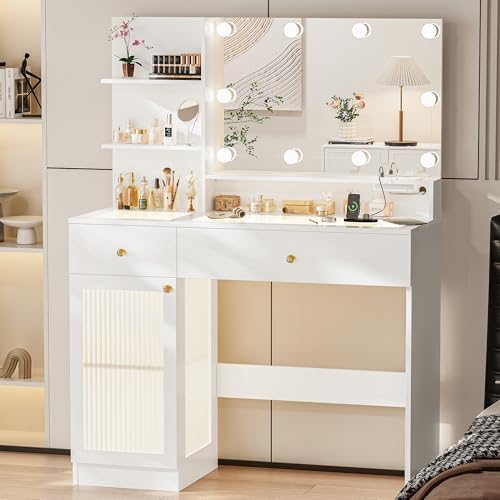 40" Vanity Desk with Large Mirror and Lights, Modern Glass Top Makeup Vanity Set with Power Outlet, Drawers and Cabinet, 3 Lighting Color Adjustable Dressing Table for Bedroom,White