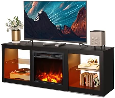 WLIVE 58 Inches Fireplace TV Stand with LED Lights, Modern Entertainment Center with 18'' Electric Fireplace & Adjustable Glass Shelves, Sturdy Media Console for Living Room, Bedroom,Gaming (Black)