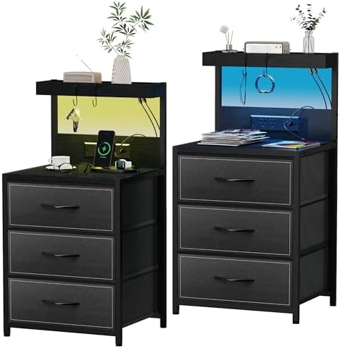 LED Nightstand Set of 2, Dresser Nightstand with 3 Drawers and Type C Charging Station, Storage End Table with Shelf and Hooks, Large Bedside Table for Dorm Bedroom, Black