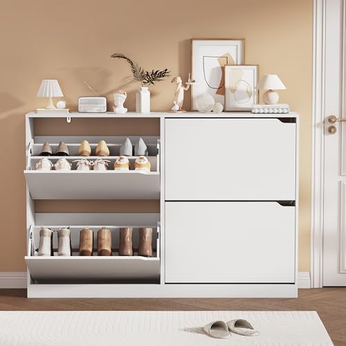 Shoe Storage Cabinet, Wood Shoe Organizer for Entryway with 4 Flip Drawers, Freestanding Shoe Rack with Adjustable Shelf, Narrow Shoe Dresser for Front Door Entrance(White, 47.24" x 32.28" x 9.44")