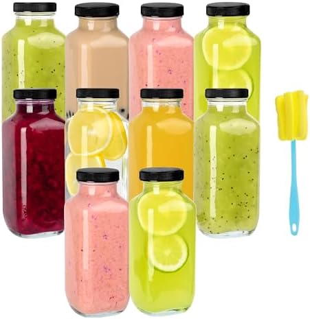 10 Pack 16oz Glass Juice Bottles with Lids - Reusable Juicing Bottles Glass Drinking Jars Containers with Airtight Lids & Cleaning Brush - Perfect for Juicing,Milk,Kombucha, and Storage