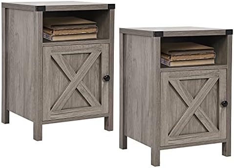 Farmhouse Nightstand, End Table, End Tables with Barn Door and Shelf, Modern Bed Side Table Rustic Gray Nightstands Set for Bedroom, Living Room, Set of 2, Gray Wash
