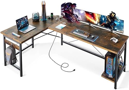 Coleshome 66" L Shaped Gaming Desk with Outlet, L Shaped Desk with CPU Stand, Corner Computer Desk, Home Office Desk, Writing Desk, Vintage
