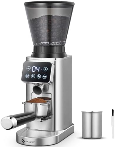 AMZCHEF Coffee Grinder, Coffee Bean Grinder for Home Use with Precise Grinding, LED Control Panel, Detachable Funnel Stand, 24 Grind Settings,Silver