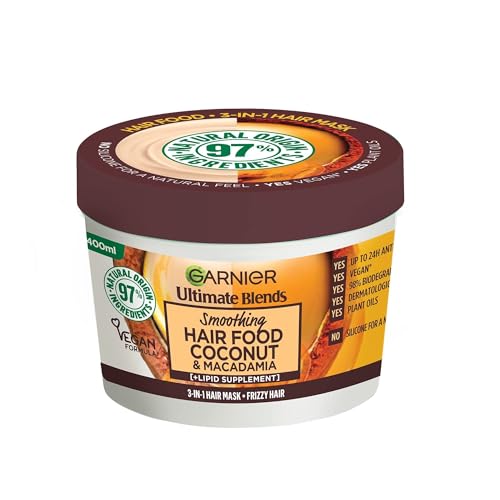 Garnier Hair Food 3-in-1 Hair Treatment Mask, Smooths and Nourishes, For Frizzy & Curly Hair, No Silicones, Vegan Formula, Coconut Oil, Ultimate Blends, 400ml (Packing and Ingredients may vary)