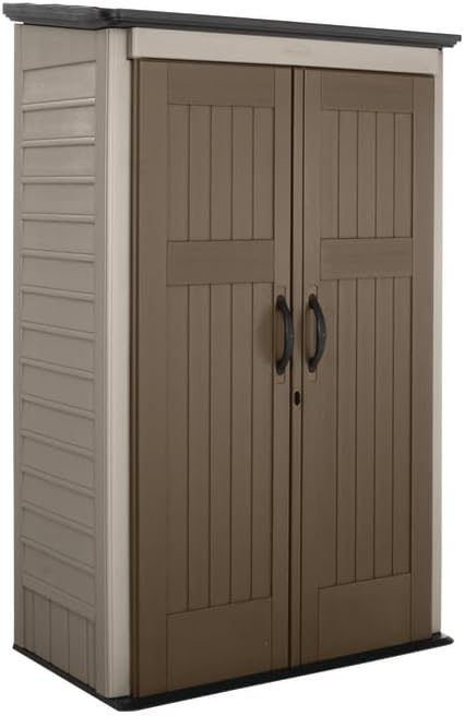Rubbermaid Vertical Resin Outdoor Storage Shed, With Floor (4 x 2.5 Ft), Weather Resistant, Brown, Organization for Home/Backyard/Garden Tools/Porch/Patio Cushions/Pool Chemicals/Toys