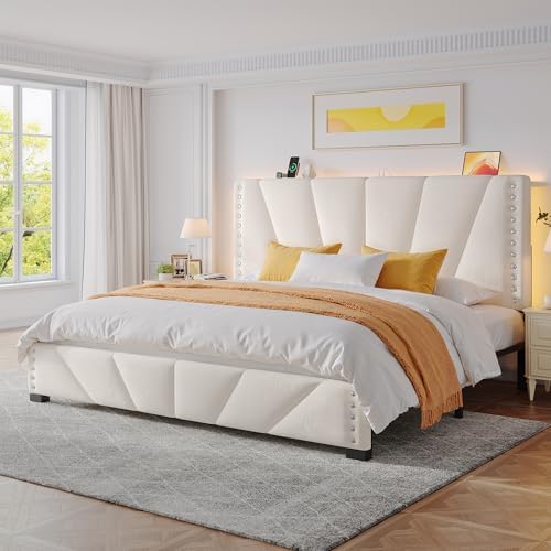 EnHomee King Size Bed Frame, Velvet Bed Frame with Headboard and Led Light, Platform Bed Frame for Bedroom Apartment, Dorm, Noise-Free, Easy Assembly, Beige