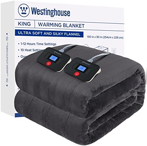 Westinghouse Electric Blanket King Size, Super Cozy Soft Flannel 100"" x 90"" Heated Blanket with 10 Fast Heating Levels & 1-12 Auto-Off, Machine Washable, ETL&FCC Certification, Charcoal