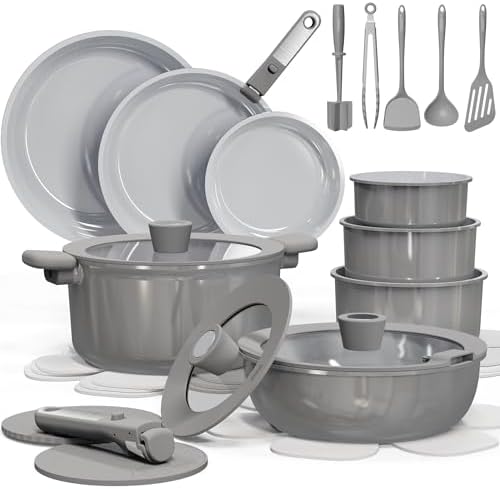 CAROTE 27pcs Ceramic Cookware Set Nonstick, Pots and Pans Set Non stick, Non Toxic Cookware, Dishwasher/Oven Safe, RV/Camping Cookware Set, Pan and Pot with Kitchen Utensils, Dark Gray