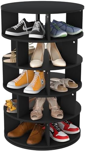 Aheaplus Rotating Shoe Rack, 5-Tier Wood Shoe Organizer for Closet, 360° Spinning Shoe Rack Tower Space-Saving Shoe Storage Shelf for Entryway, Garage, Bedroom, Black