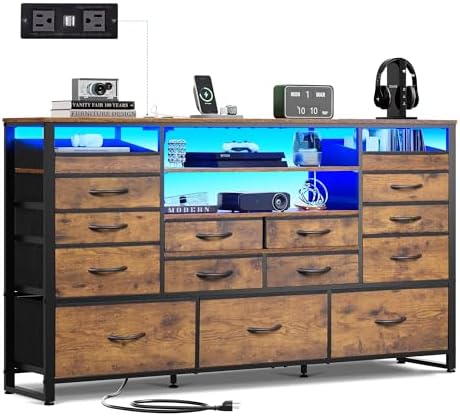 WLIVE TV Stand for 55, 60, 65 inch TV, Entertainment Center with LED Lights & Charging Station, TV Media Console Table with 15 Fabric Drawers and Open Shelves for Living Room, Hallway, Rustic Brown