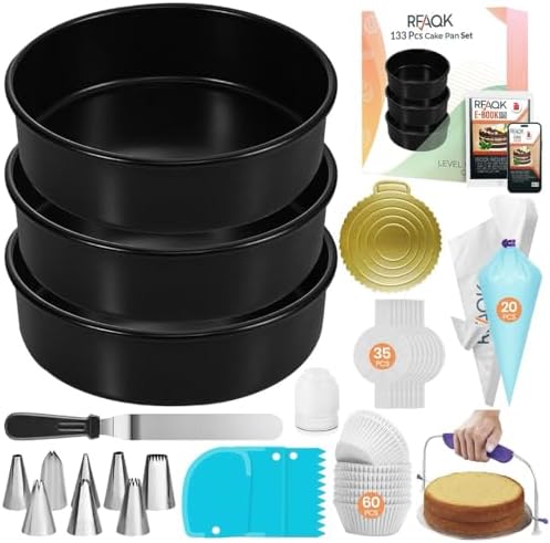 RFAQK 133PCs Round Cake Pans Sets for Baking + Cake Decorating Kit with NonStick 8 Inch Cake Pan Set of 3 -Icing Tips,Cake Leveler,Spatula, Multifunctional Cake Pan, Baking Supplies Gift & eBook