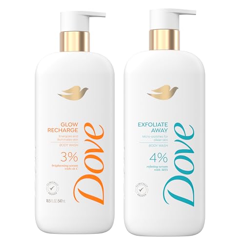 Dove Exfoliating Body Wash Glow Recharge Energizes & illuminates skin 3% brightening serum & Body Wash Exfoliate Away Micro-polishes for silkier skin 4% refining serum with AHA 18.5 oz