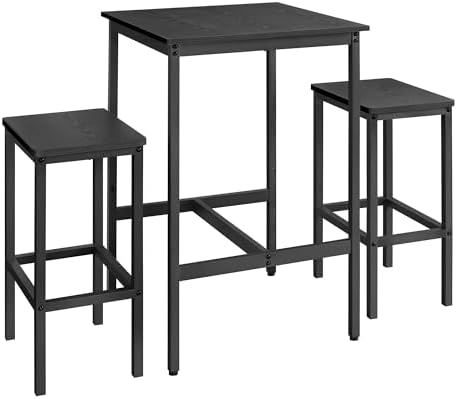 VASAGLE Bar Table and Chairs Set, Square Table with 2 Stools, Dining Pub Set for 2, Space Saving for Kitchen Breakfast, Living Room, Party Room, Ebony Black and Ink Black