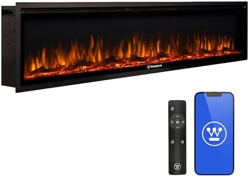 Westinghouse 74 Inch Electric Fireplace Heater, Compatible with Alexa & Google Home, Wall Mount or in-Wall Recessed Fireplace Insert, 24 Hour Timer, Color Changing Flames, 750W/1500W Indoor Heater