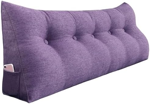 11 lbs Thickened Queen Headboard Pillow Wedge Pillow Headboard Reading Pillow Bed for Comfortable Backrest Reading Triangular Pillow with Side Pocket for Sitting in Bed Cotton Linen Purple