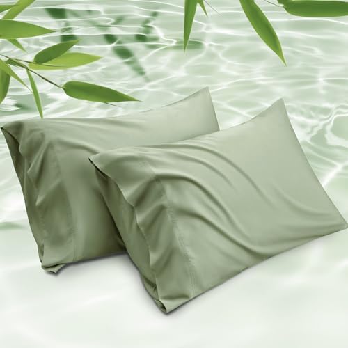 Bedsure Cooling Pillow Cases Standard Size 2, Rayon Derived from Bamboo Cooling Pillowcase for Hot Sleepers, Cool Pillow Covers with Envelope Closure for Women, Men, Sage Green, 20x26 Inches