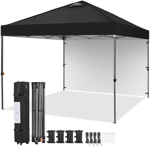 Yaheetech 10x10 Pop up Canopy Tent w/1 Sidewall, Instant Commercial 150D Silver Coated Fabric Outdoor Instant Tent w/Wheeled Bag, 4 Sandbags, 8 Stakes & 4 Ropes for Parties, Camping, Beach, Black