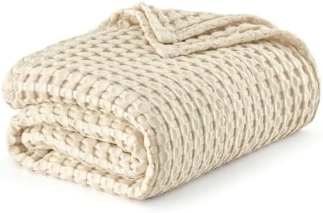 Bedsure Cooling Cotton Waffle King Size Blanket - Lightweight Breathable Summer Blanket of Rayon Derived from Bamboo for Hot Sleepers, Luxury Throws for Bed, Couch and Sofa, Beige, 104x90 Inches