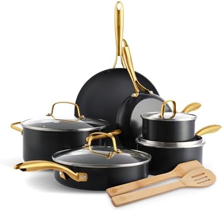 GreenPan 12 Piece Nonstick Swift Cookware Set, Ceramic PFAS-Free Pots & Pans with Lids, Dishwasher & Oven/Broiler Safe to 600F, Kitchen Cooking Set, Sauce, Saute, Stock, Frying Pans, Black/Gold