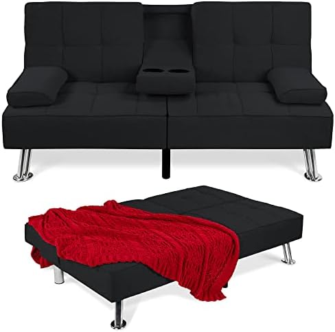 Best Choice Products Linen Modern Folding Futon, Reclining Sofa Bed for Apartment, Dorm w/Removable Armrests, 2 Cupholders - Black