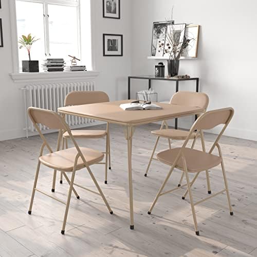 EMMA + OLIVER 5-Piece Multipurpose Folding Card Table and Chairs Set for 4 Players, Padded Top Portable Square Folding Table and Chairs Set, Tan