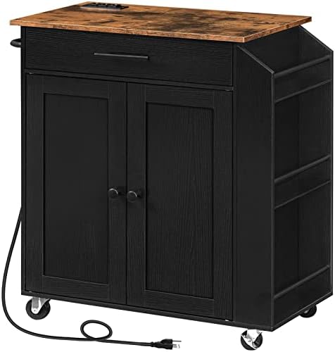HOOBRO Kitchen Island with Power Outlet, Storage Island with Spice Rack and Drawer, Rolling Kitchen Cart on Wheels, for Home, Dining Room, Rustic Brown and Black