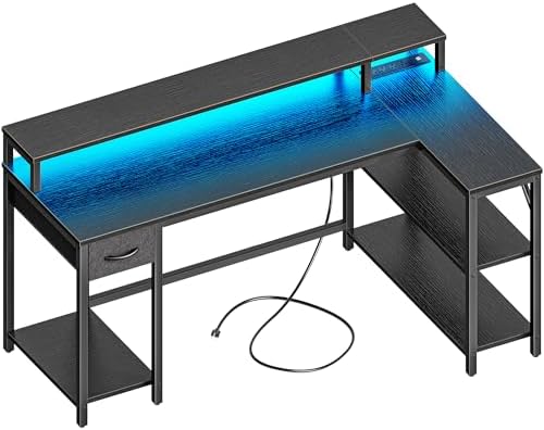 SUPERJARE 53 inch Reversible L Shaped Desk with LED Lights & Power Outlets, Computer Desk with Shelves & Monitor Stand, Gaming Desk with Drawer, Home Office Desk Corner Desk, Black