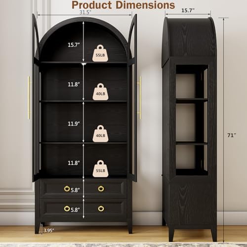 LVSOMT 71" Tall Arched Storage Cabinet with Glass Doors and Drawers, Curio Display Cabinet with Adjustable LED Light & Human Sensor, 4-Tier China Cabinet for Living Room(Black)
