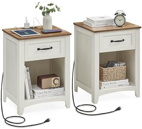 VASAGLE LIRY Collection - Farmhouse Nightstands with Charging Station, Set of 2 Bedside Tables, Side Tables with Drawer, Open Compartment, for Bedroom, Rustic White and Honey Brown ULET859K41