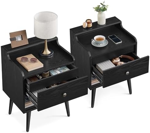 VASAGLE Nightstands, Set of 2, Bedside Tables with Hidden Drawers, Mid-Century End Side Tables with Solid Wood Legs, for Bedroom, Ebony Black ULET624B01