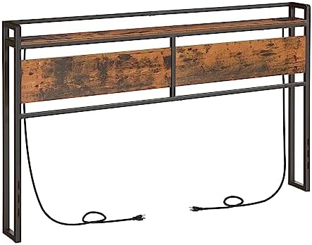 HOOBRO King Size Headboard, Headboard with 2 Outlets and 4 USB Ports, Adjustable Height, Storage Rack, Sturdy and Stable, Easy Assembly, Rustic Brown and Black