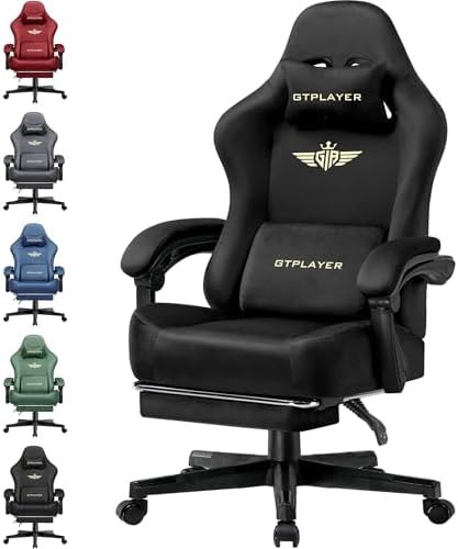 GTPLAYER Gaming Chair Fabric with Pocket Spring Cushion, Big and Tall Gamings Chairs 350LBS High Back Computer Chair with Footrest for Adults Lumbar Support Swivel Game Chair for Office Dark Black