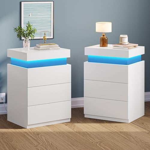 BTHFST LED Nightstands Set of 2,Night Stands for Bedrooms Set of 2,Nightstand with Charging Station and Sliding Top,Bedside Table with Power Outlets & Drawers,Modern End Side Table (White)