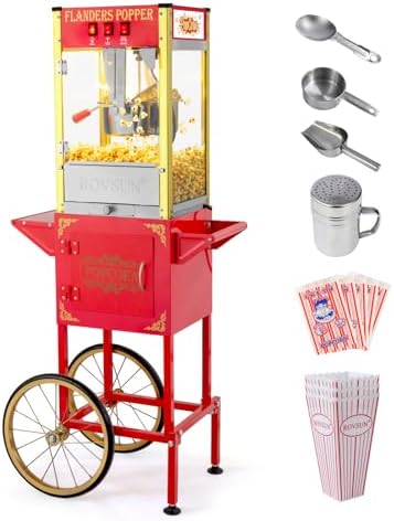 ROVSUN Popcorn Machine with Cart, Wheels & 8 Oz Kettle Makes Up to 32 Cups ETL Certified, Popcorn Maker with Stainless Steel Scoop, Oil Spoon & 3 Popcorn Cups for Commercial Home Movie Theater, Red