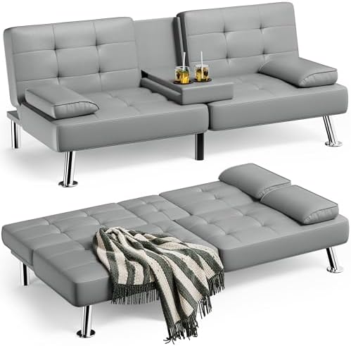 Homall Futon Sofa Bed, Leather Futon Couch with Removable Armrests, Adjustable Recliner Sleeper Sofa Bed with Dual Cup Holders for Living Room, Apartment, Office (Gray)