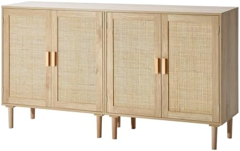 VEVOR Rattan Buffet Cabinet with Storage, 4 Magnetic Doors and Adjustable Shelves, Sideboard for Hallway, Living Room, Kitchen, Natural
