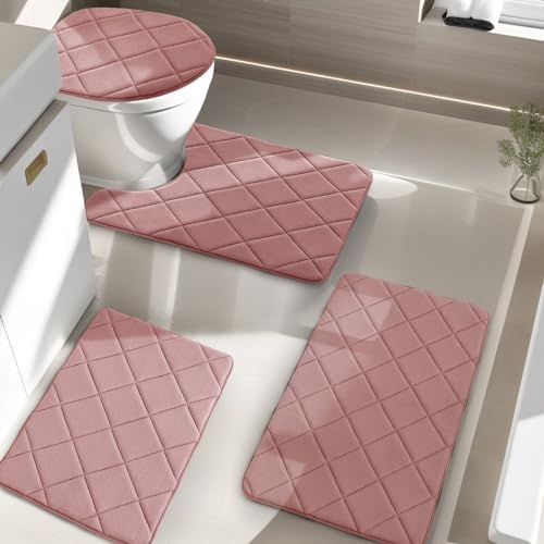 YIHOUSE Pink Bathroom Rug Sets 4 Piece, Non Slip Memory Foam Bathroom Rugs, Machine Washable Bath Room Mat Set, Water Absorbent Bath Rug (Pink)