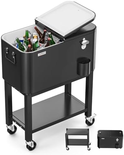 VINGLI Patio Cooler, Rolling Ice Chest on Wheels, Portable Patio Party Bar Drink Cooler Cart, with Shelf, Beverage Pool with Bottle Opener,Water Pipe