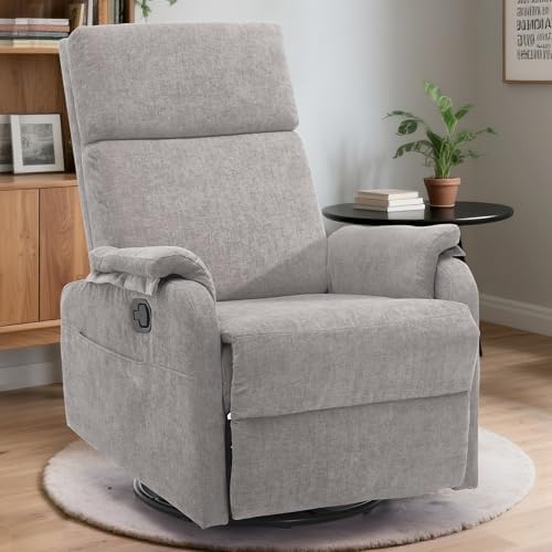 Recliner Chairs, Swivel Rocking Recliner Chair for Adults, Glider Rocking Chair, Small Nursery Recliner for Living Room, Reclining with Modern-Designed Armrests, Chenille, Grey