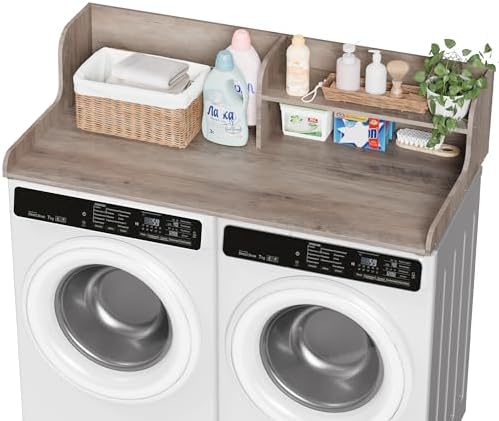 DTK Washer Dryer Wood Countertop with Shelf, Laundry Topper with Non-Slip Mat,27.55" Depth x 54" Width Dryer Covers for The Top with Edge Rails (Rural)