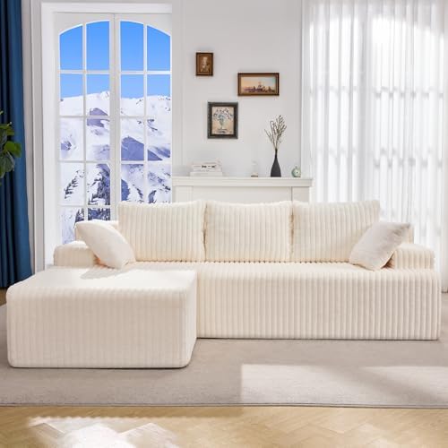 Hobestluk 96” Modular Sectional Sofa Couches L-Shape Couch 3 Seat Modular Sofa Memory Foam Sectional Couches for Living Room, Cloud Couch with Oversized Chaise (White, Stripe (Left Facing Chaise))